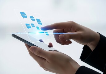 Person using smartphone with message icons and loading bar overlay against a white background