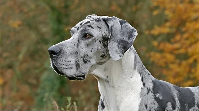 Majestic Harlequin Great Dane Dog Profile Outdoors Autumn Hues.