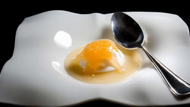 Exquisite Gourmet Dessert with Orange Compote and Creamy Sauce on White Plate.