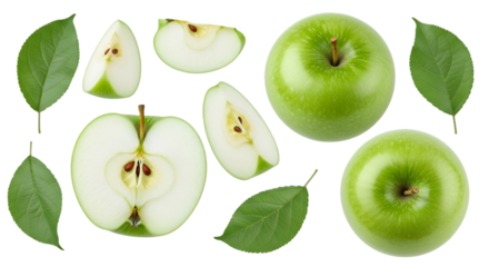 Assortment of Green Apples and Leaves fruit whole apple
