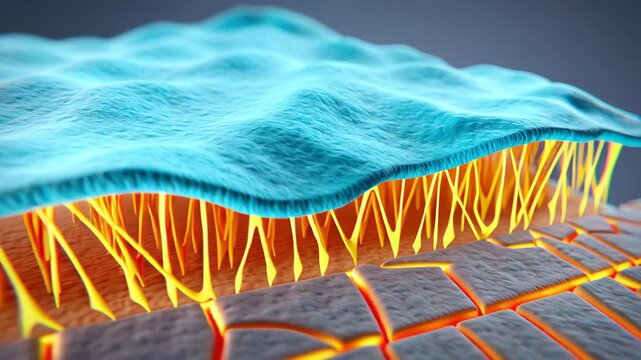 Blue skin layer over nerve fibers and blue skin microstructure showing epidermis dermis connection with collagen fibers and blue