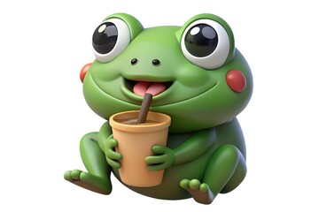 Fototapeta premium Cute green frog drinking iced beverage cartoon style
