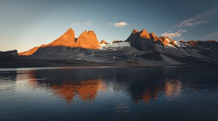 A serene mountain landscape at sunrise featuring warm golden light illuminating rocky peaks and reflecting on a calm lake