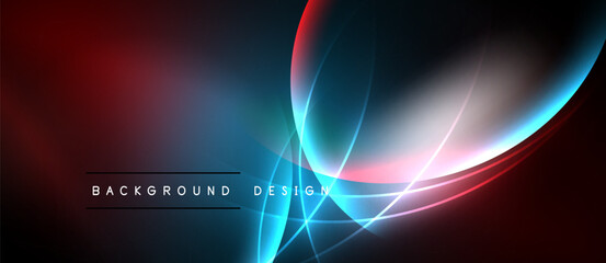 Abstract design features vibrant blue, red gradients. Lines curve, intersect creating dynamic visual effect. Dark background emphasizes luminosity.