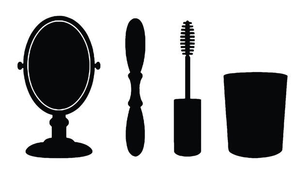 Beauty tools silhouette mirror brush mascara container vector