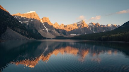A serene mountain landscape at sunrise featuring warm golden light illuminating rocky peaks and reflecting on a calm lake