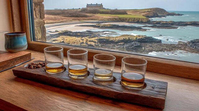Whiskey tasting with a stunning coastal castle view from window.