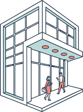 Isometric view of a glass building with two people entering the main entrance of the building
