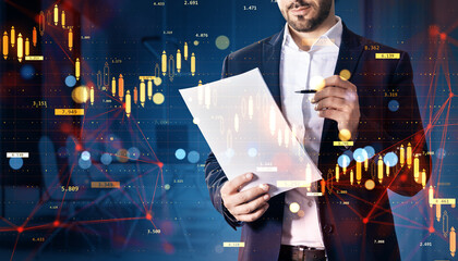 Businessman analyzing financial paper with trading chart overlay on light background, representing investment strategy and market work concept.