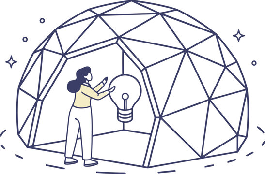 A woman reaching for a light bulb inside a geodesic dome with stars and dotted line around it