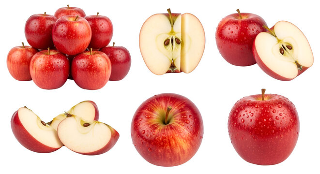 Collage of red apples whole sliced and sliced wedges