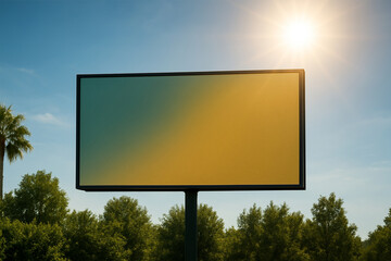 Blank outdoor advertising billboard mockup against a sunny blue sky with trees and a palm tree.