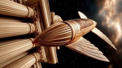 A detailed, golden, winged spaceship is depicted in flight, passing by ornate, classical columns. The background is a dark space scene with stars and a glowing