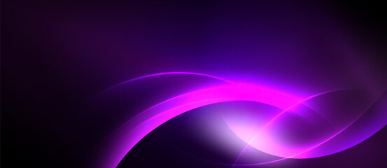 Abstract purple light curves radiate from bright center. Smooth gradients create dynamic visual effect. Dark background emphasizes luminosity.