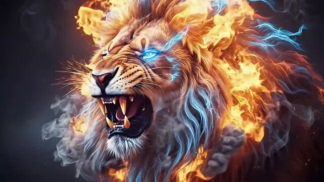 An awe-inspiring digital illustration of a majestic lion's head, roaring with intense power and raw energy. Its fierce expression is highlighted by glowing blue eyes that radiate an electric aura. The