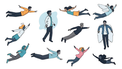 A diverse collection of illustrated people flying towards their dreams and aspirations