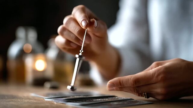 Hands holding pendulum over tarot cards face not visible dowsing practice pendulum divination spiritual guidance energy detection psychic tool yesno answers mystical