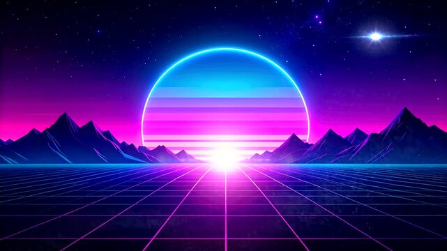 Neon landscape with a retro sun and grid, evokes a sense of futuristic nostalgia