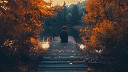 A man sits on a wooden dock, gazing out at a calm lake surrounded by trees with vibrant autumn foliage.