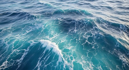 Vibrant blue and turquoise ocean waves with intricate white foam patterns, creating a powerful natural water background.