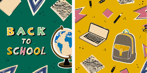 Colorful back to school illustration with school supplies and globe