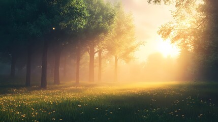 A misty forest clearing bathed in the golden glow of the rising sun, with tall trees lining the edge and a field of wildflowers in the foreground.