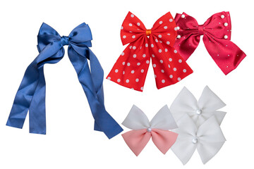 a selection of vibrant decorative bows in various styles, including blue satin, red polka dot, and fabric petal designs, isolated on a pure transparent background.