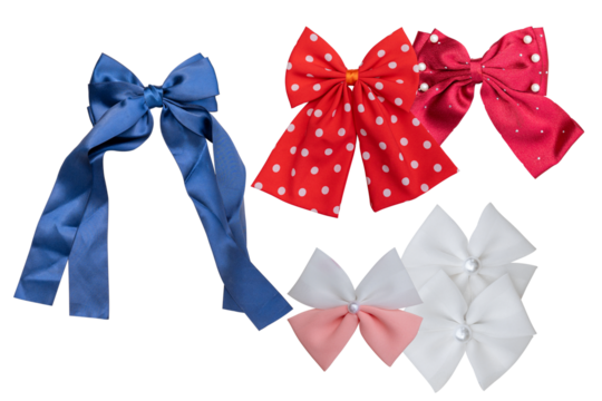 a selection of vibrant decorative bows in various styles, including blue satin, red polka dot, and fabric petal designs, isolated on a pure transparent background.