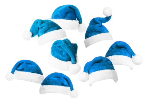 a festive collection of several blue and white plush santa claus hats floating and scattered, isolated on a pure transparent background for unique holiday designs.