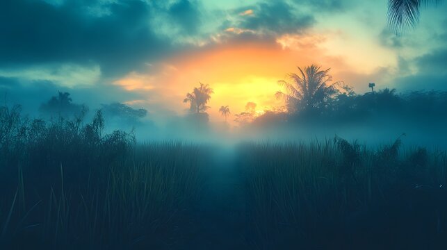 A misty sunrise over a field of tall grass with palm trees in the background. The sun is shining brightly, casting a golden glow on the scene.