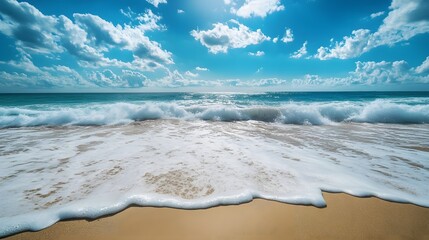 A panoramic view of a sandy beach with white foamy waves lapping at the shore under a blue sky with fluffy white clouds.