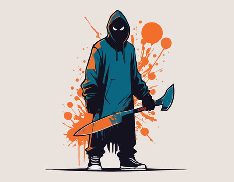 halloween slasher silhouette, horror character in graffiti tag, hip hop, street art typography illustration.