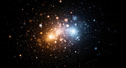 Abstract glowing particles in dynamic warm orange and cool blue light against a vast cosmic expanse background