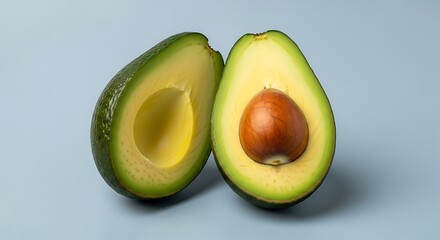 Two Halves of a Fresh Ripe Avocado with Seed on Blue Background