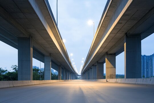 Concrete overpass at dusk with overhead lights creating an atmospheric urban scene - Powered by Adobe