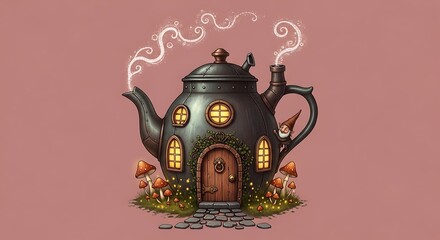 Whimsical Teapot House with Gnome and Magical Smoke