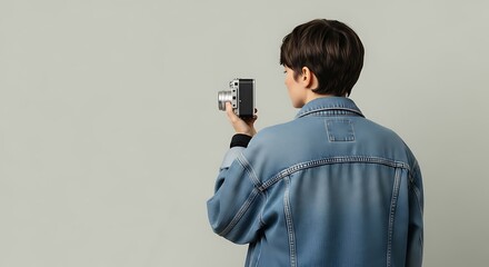 Young Person in Denim Jacket Holding Camera from Behind