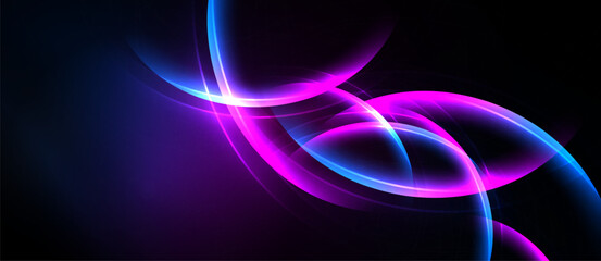 Abstract glowing lines, curves, shapes dominate dark background. Vivid purple, blue hues create dynamic visual effect.