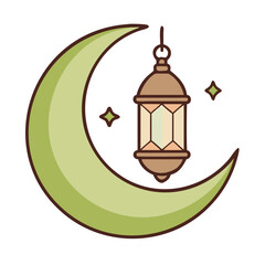 Green crescent moon with lantern isolated on