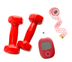 health and fitness concept featuring dumbbells, tape measure, and glucose meter for achieving weight loss goals, managing diabetes, and promoting physical wellbeing