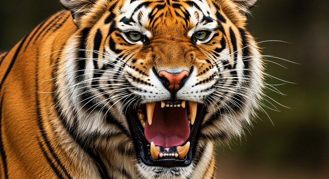 Close up portrait of bengal tiger showing its dangerous teeth looking aggressive orange predator wildlife animal feline hunter mammal fierce wildcat big cat asia endangered species