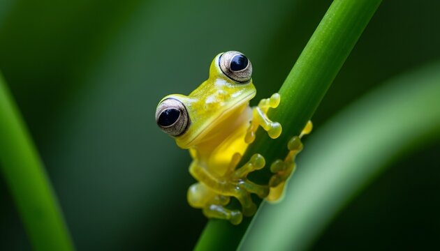 Glass frog on green stem translucent skin revealing internal organs wildlife amphibian tropical rainforest creature camouflage camouflage rainforest ecosystem nature
