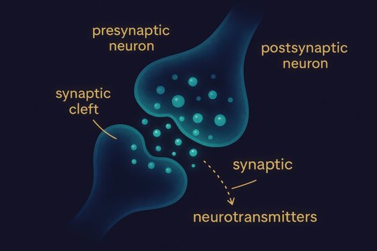Detailed illustration of synaptic communication showcasing presynaptic and postsynaptic neurons and the synaptic cleft transmitting neurotransmitters in a neurological context