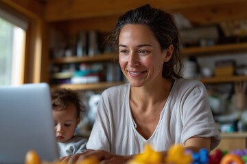 Obraz premium Young caucasian female adult working on laptop with toddler in cozy home setting