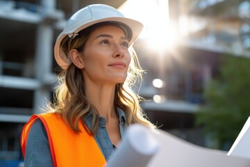 Confident caucasian female architect in construction site with blueprints