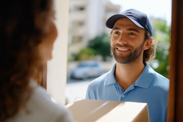 Friendly young caucasian male delivery worker smiling at doorstep with package