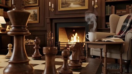 Experience ultimate comfort and sophistication in a richly appointed traditional study. A classic game of chess awaits on a dark wooden board in the foreground, inviting strategic thought. In the back