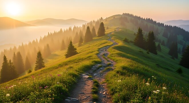Adventurous hikers traversing a pristine sustainable mountain trail at golden sunrise, surrounded by misty forests and wildflowers for trending travel escape