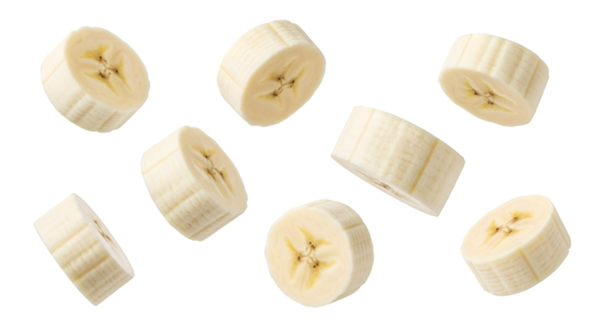 Scattered Sliced Banana Pieces on Black fruit food