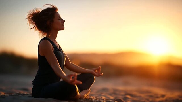 Woman's silhouette in lotus position at sunset face not shown meditation practice yoga pose spiritual reflection mindfulness moment inner peace zen philosophy beach or